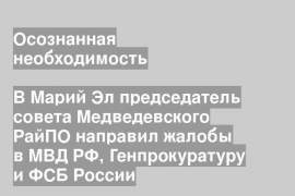 В Марий Эл председатель совета Медведевского РайПО направил жалобы в МВД РФ, Генпрокуратуру и ФСБ России